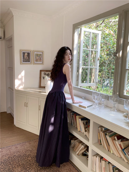French retro dress women's high-quality navy blue knitted stitching glossy nylon sports long skirt dress