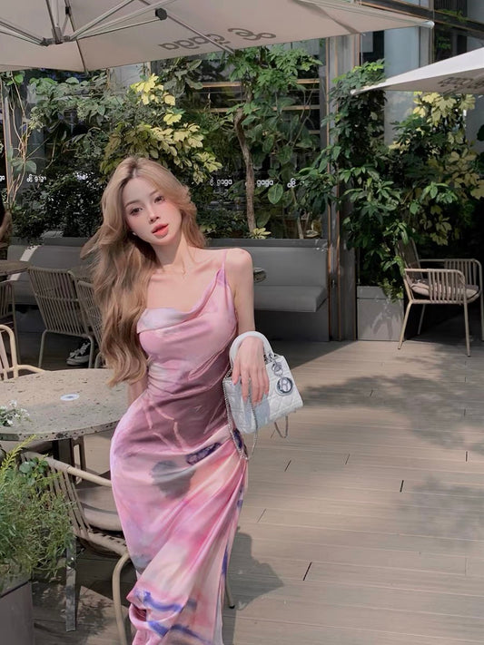 French style pure desire purple satin swing collar tie-dye sling dress women's summer backless strappy slit bag hip dress