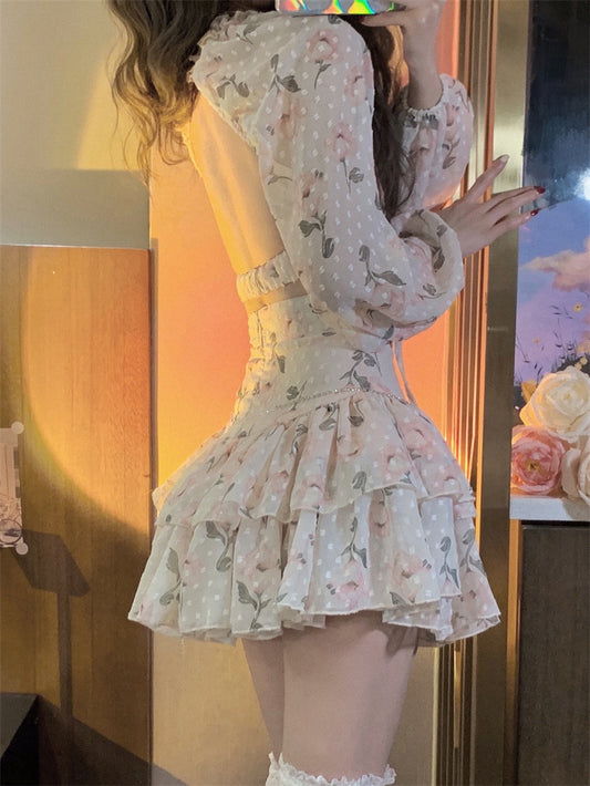 Pure desire open back top chiffon shirt shirt female design sense niche 2023 spring new puff sleeve floral shirt