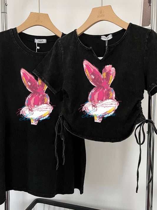 Little bunny made old washed short-sleeved t-shirt women's summer loose drawstring hot girl chic short section beautiful top
