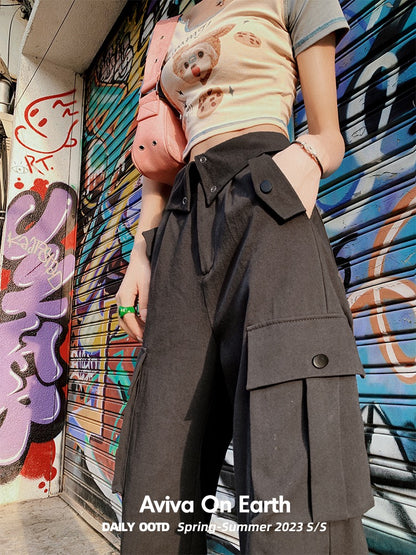 [Earth Shop] Dark Gray Folded Waist American Overalls Women's Summer Thin Section Loose Straight Casual Pants All-Match
