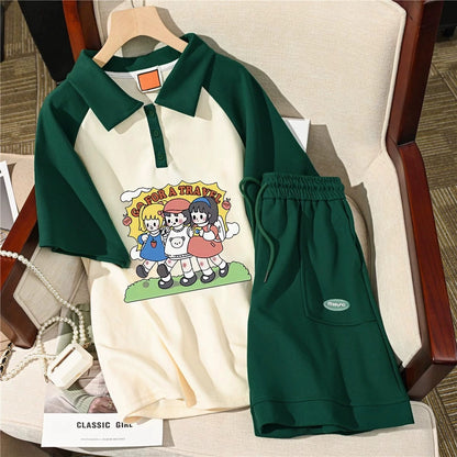 POLO collar pure cotton short-sleeved casual sports suit women's Korean version loose summer fashion age-reducing wide-leg pants two-piece set