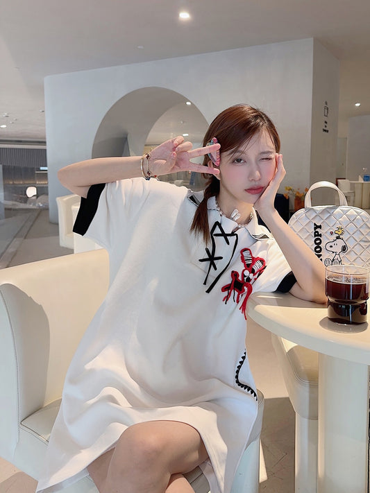 Thebestxue Korean college style white polo collar three-dimensional small animal hook flower loose large version T-shirt skirt