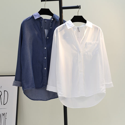 Tencel cotton denim shirt female 2023 spring new Korean version single pocket loose casual long-sleeved shirt top tide