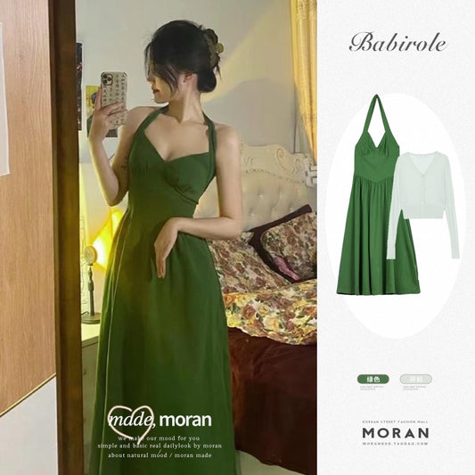 Hong Kong-flavored tea break chic green white waist slim halter neck dress female summer French pleated retro skirt
