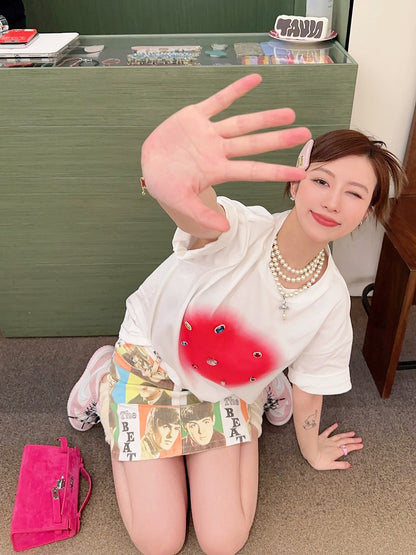 Thebestxue Korean version of fashionable white color diamond love loose short-sleeved t-shirt female 2023 summer new t-shirt