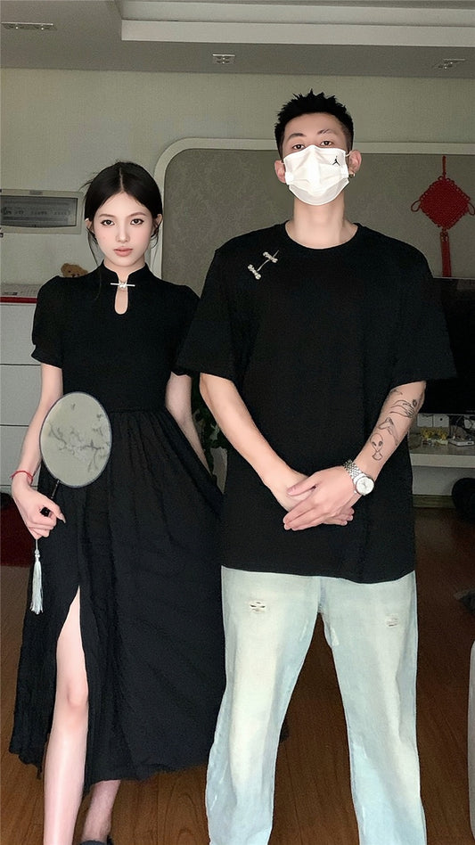 New Chinese style couple clothes summer niche design sense short-sleeved t-shirt women's cheongsam dress French one skirt one clothes tide