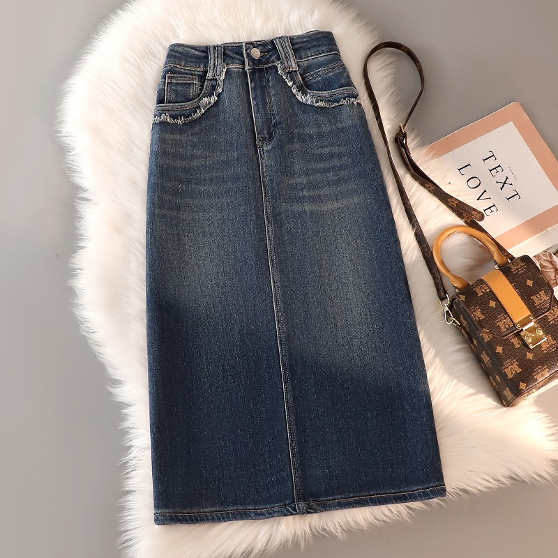 Rear slit denim skirt women's spring and summer new high-waisted pear-shaped figure covering hips and knees mid-length wrap hip skirt