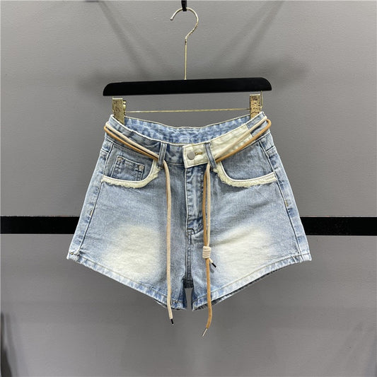 Retro light blue grinding white denim shorts women's 2023 summer new style contrast color high waist thin A-line wide-leg hot pants