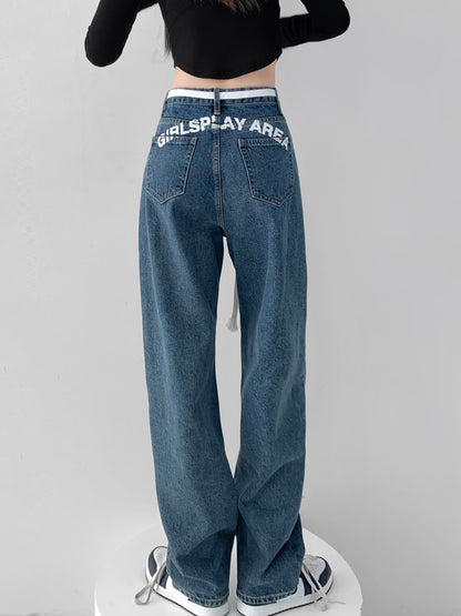American-style printed letters drape wide-leg jeans women's retro loose slim strap high waist straight mopping pants trendy