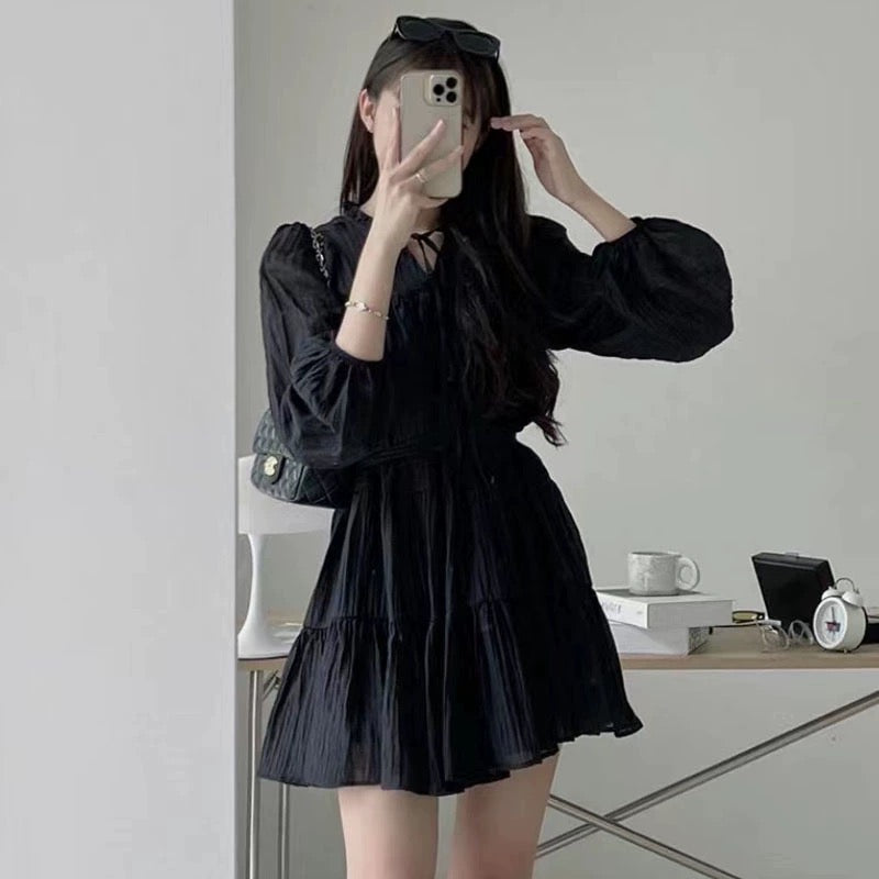 Korean chic spring French gentle V-neck tie with folds texture design small long-sleeved dress female