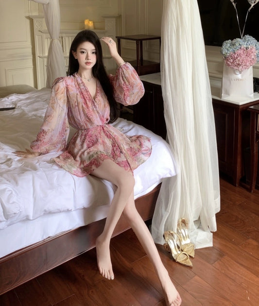 French floral v-neck long-sleeved chiffon dress women's summer high-quality tie-up skirt temperament pink skirt