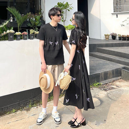 High-end couple wear summer short-sleeved T-shirt women's retro v-neck temperament flower embroidery dress one skirt one clothes tide