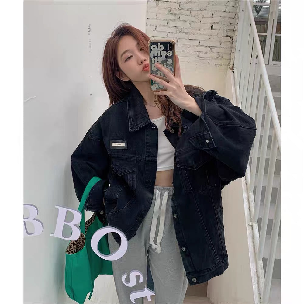 Kumikumi denim jacket women's autumn sweet and cool BF style loose fried street jacket retro wild tooling top tide 1003