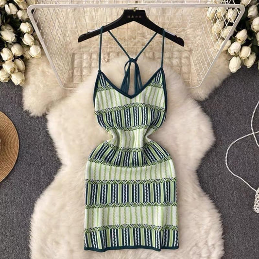 Sexy Babes Short Skirt Summer Thin Section Pure Desire Slim Body Bag Hip French Halting Neck Backless Knitted Dress Female