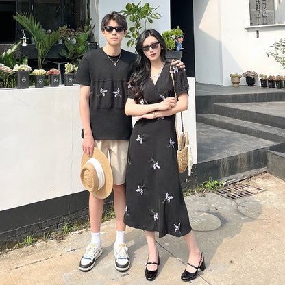 High-end couple wear summer short-sleeved T-shirt women's retro v-neck temperament flower embroidery dress one skirt one clothes tide