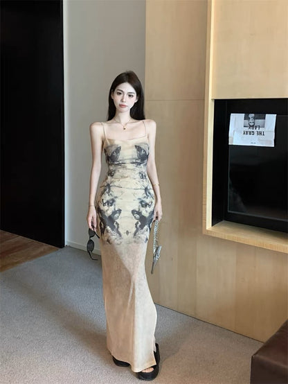 French sexy butterfly tie-dye suspender dress female summer temperament slim slit bag hip long skirt hot girl skirt