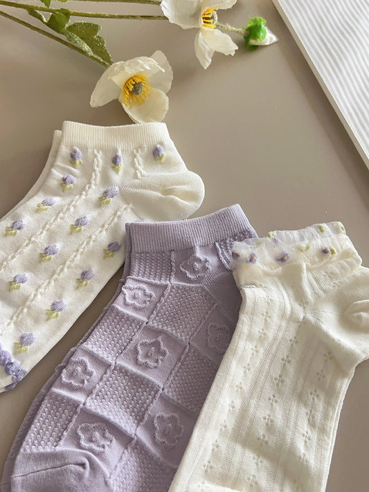 Purple socks women's summer thin mesh lace cute girl floret socks low to help ins Japanese cotton socks