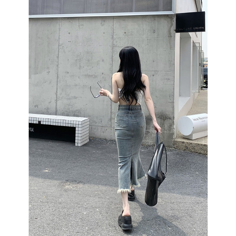 Kumikumi retro nostalgic denim skirt women's summer high waist bag hip mermaid skirt mid-length slit skirt
