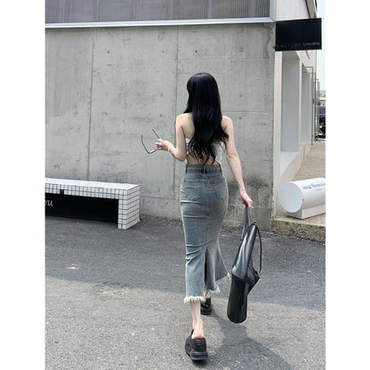 Kumikumi retro nostalgic denim skirt women's summer high waist bag hip mermaid skirt mid-length slit skirt