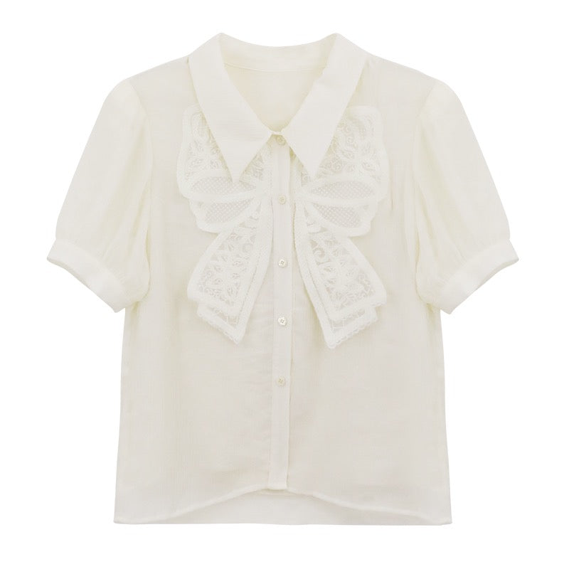 MLS high-end French unique chic small top women's summer fashion temperament small shirt bow short-sleeved shirt