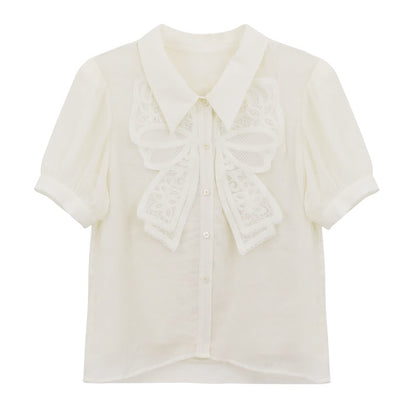 MLS high-end French unique chic small top women's summer fashion temperament small shirt bow short-sleeved shirt