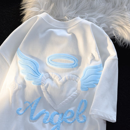 JWNEED love angel T-shirt salt sweet foam printing college style vibe summer loose men and women couple short sleeves