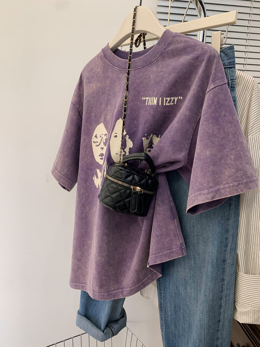 Purple American retro washed old short-sleeved t-shirt women's summer summer design sense niche small t-shirt tops