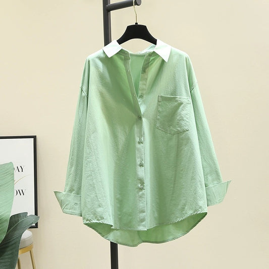 Temperament all-match green shirt women's autumn 2023 new Korean version loose casual long-sleeved shirt chic top
