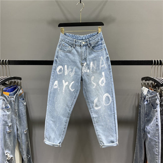Light blue harem jeans women's 2023 summer new hand-painted letters high waist loose feet carrot pants trousers
