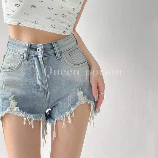 Hyuna same style raw edge ripped denim shorts female summer slim high waist wide leg pants loose a-line beggar hot pants