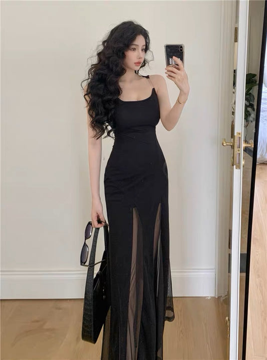 French invisible shoulder strap suspender dress women's summer black skirt a-line large swing skirt high-quality mesh long skirt