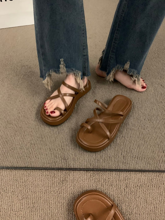 Thick-soled strappy toe slippers women's shoes summer casual evening shoes sandals 2023 new holiday sandals