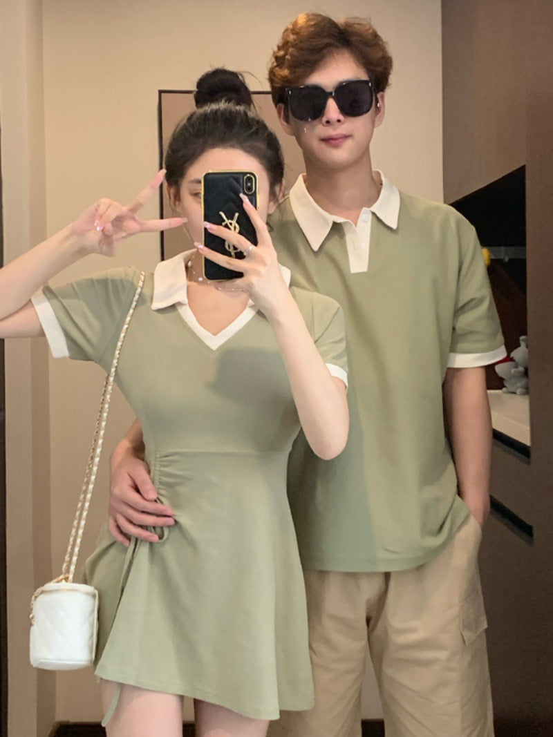 Couple outfit 2023 new summer dress one skirt one Korean casual college style V-neck dress ins short-sleeved T-shirt