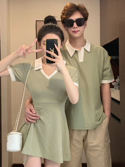 Couple outfit 2023 new summer dress one skirt one Korean casual college style V-neck dress ins short-sleeved T-shirt