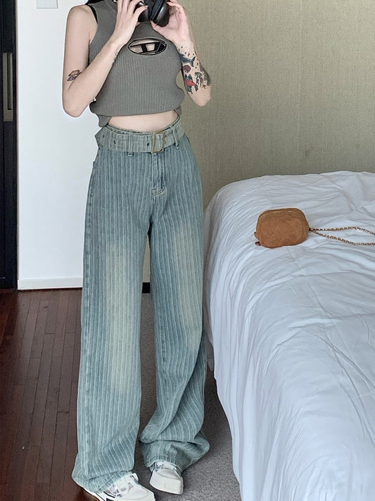 American hot girl jeans women's summer straight-leg pants wide-leg pants retro distressed trousers niche design pants