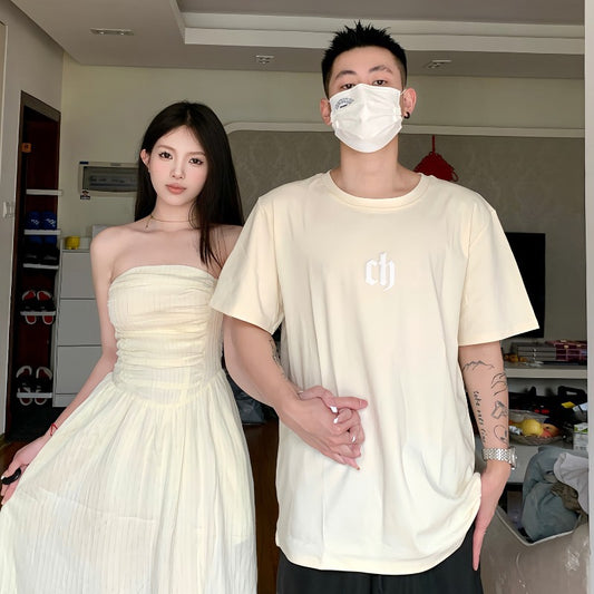Different couple clothes summer clothes 2023 new short-sleeved T-shirt women's tube top waist dress one skirt one clothes tide
