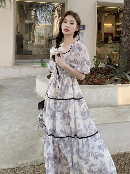 French one-shoulder floral dress women's summer 2023 new temperament waist puff sleeves gentle wind long skirt