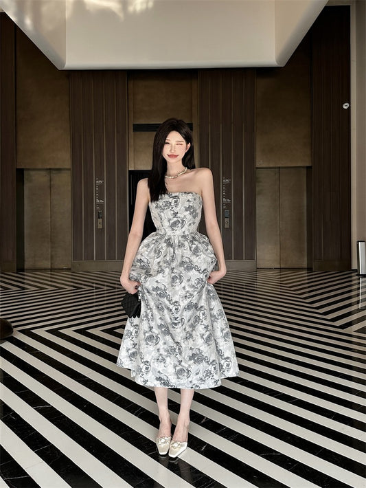 Retro wrapped chest rose jacquard tube top one-shoulder dress summer waist puffy swing skirt female new sleeveless