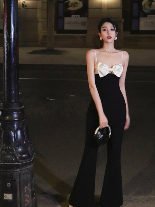 Thirteen and Little Suspender Jumpsuit Women 2023 New Summer Bowknot Black High Waist Drape Flared Pants