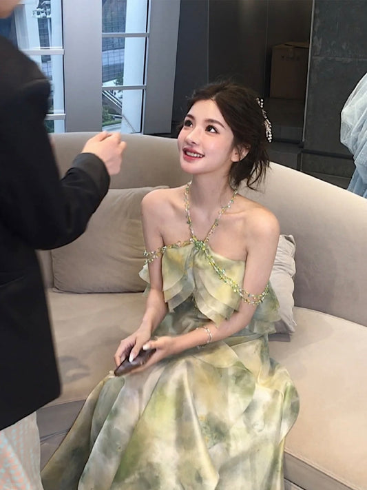J11 Studio/Green Fairy Elf Atmospheric Ruffled Big Skirt Waist Halter Neck Tube Top Dress Female Summer