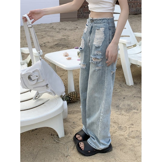 Kumikumi ripped denim jeans women's summer straight-leg pants loose high-waisted wide-leg pants mopping pants long pants