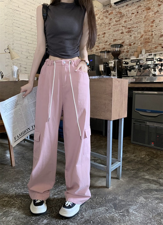 Kumikumi retro high waist drawstring overalls women's spring loose all-match wide-leg casual pants mopping long pants