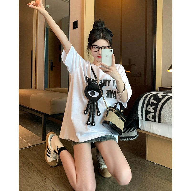 White front shoulder short-sleeved t-shirt women 2023 new summer American tide brand loose slim three-dimensional doll T-shirt tide