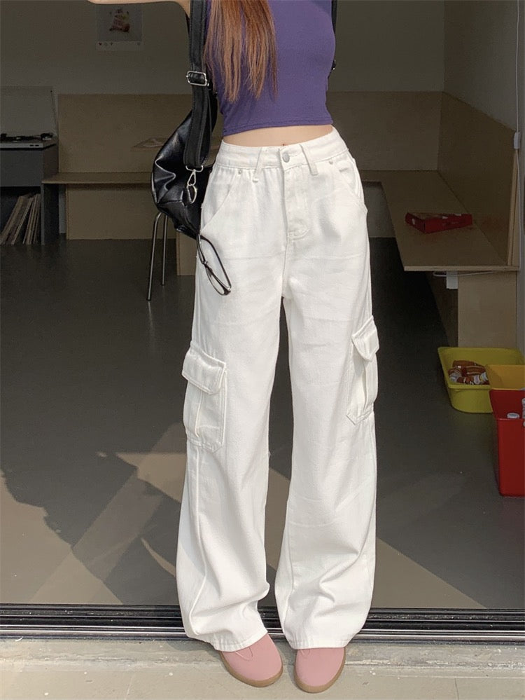 White tooling jeans women's summer ins tide American retro drape floor mopping trousers straight wide leg pants