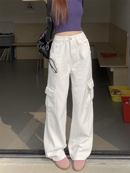 White tooling jeans women's summer ins tide American retro drape floor mopping trousers straight wide leg pants