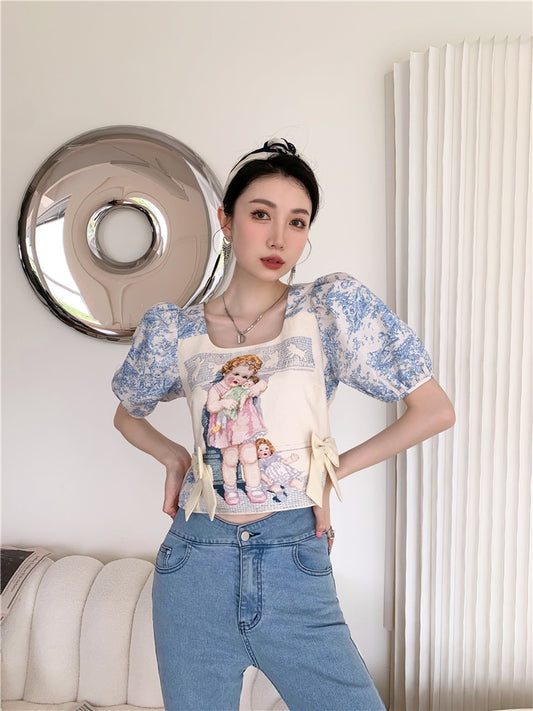 High-end design sense vintage chic square collar puff sleeve short-sleeved shirt women's summer new French retro short shirt