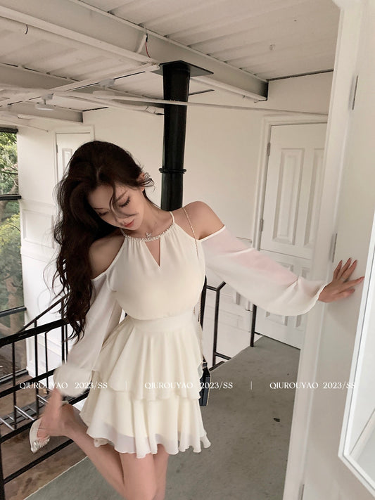 Qiu Rouyao 2023 women's summer new French sexy off-the-shoulder halter neck ruffled chiffon white dress