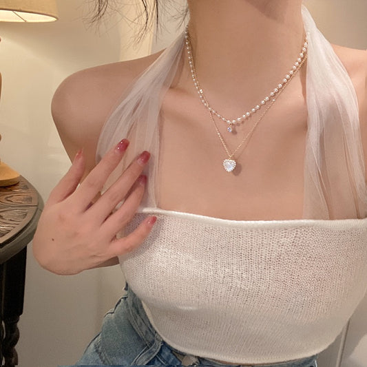 Double Love Pearl Necklace Women's Light Luxury Niche Necklace Advanced Design 2023 New Explosive Clavicle Chain