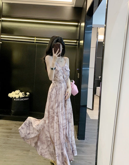 Leathercat sling dress women's summer 2023 new high-end sense French waist slimming long skirt